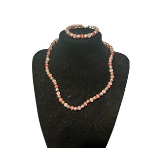 RK Pink Red Cats Eye Beaded Necklace and Bracelet Set Silver Gold Tone Accents
